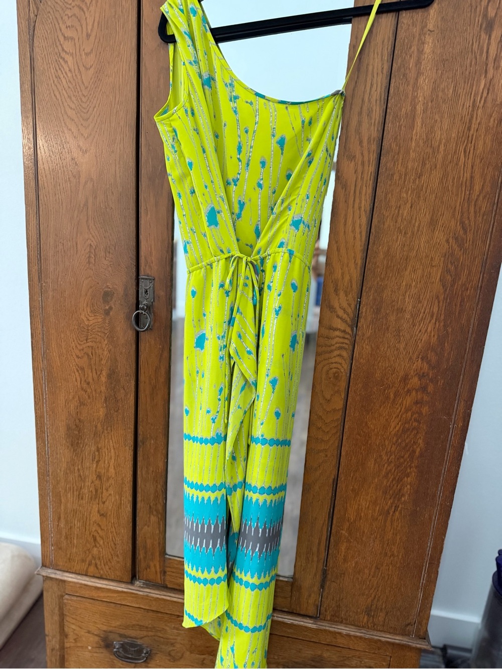 BCBGMaxAzria Neon Lime One-Shoulder Jumpsuit with Teal Accents